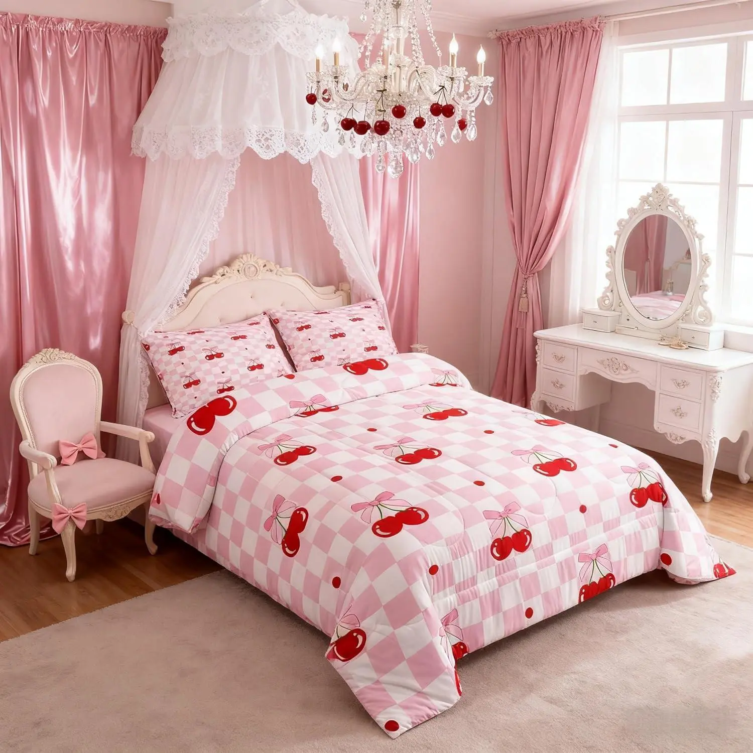 Feelyou     Bedding Set - Machine Washable, Soft Breathable Printed Patchwork Bedding, Pink Bowknot Cherry Bow Tie Dot Princess Romantic Geometric Grid Plaid Down Comforter with Duvet Insert for  ' Room Decor, Machine Washable Bedding, Soft B,sohochic