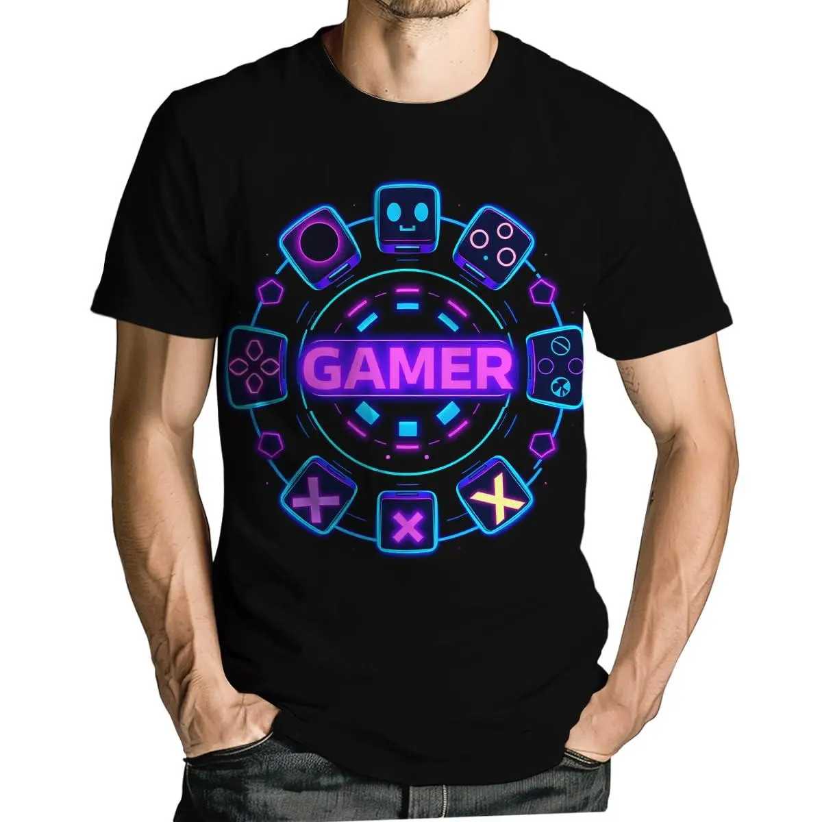 Unisex Neon Gamer T-Shirt | Controller Icons, “GAMER” Text | Casual Gaming Tee for Men & Women, Ideal for Gamers, Gaming Nights, or Gamer Gifts