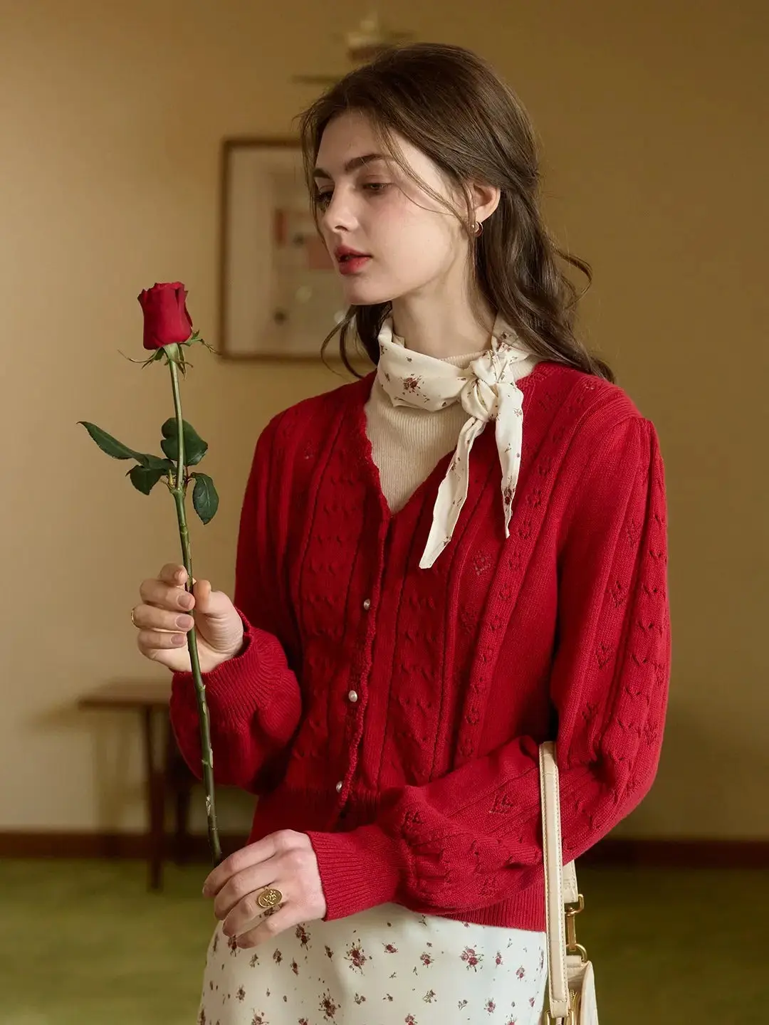 Amira Wave V Neck Cotton Knitted Cardigan