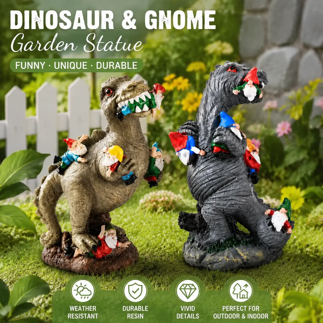 Resin Dinosaur Gnome Statue Set - T-Rex Animal Decor, Playful Lightweight Outdoor Statues, Easy to Move Patio & Lawn Ornaments for Home Garden