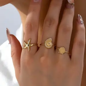 3PCS Starfish & Seashell Ring Set – Ocean Theme Stackable Beach Jewelry