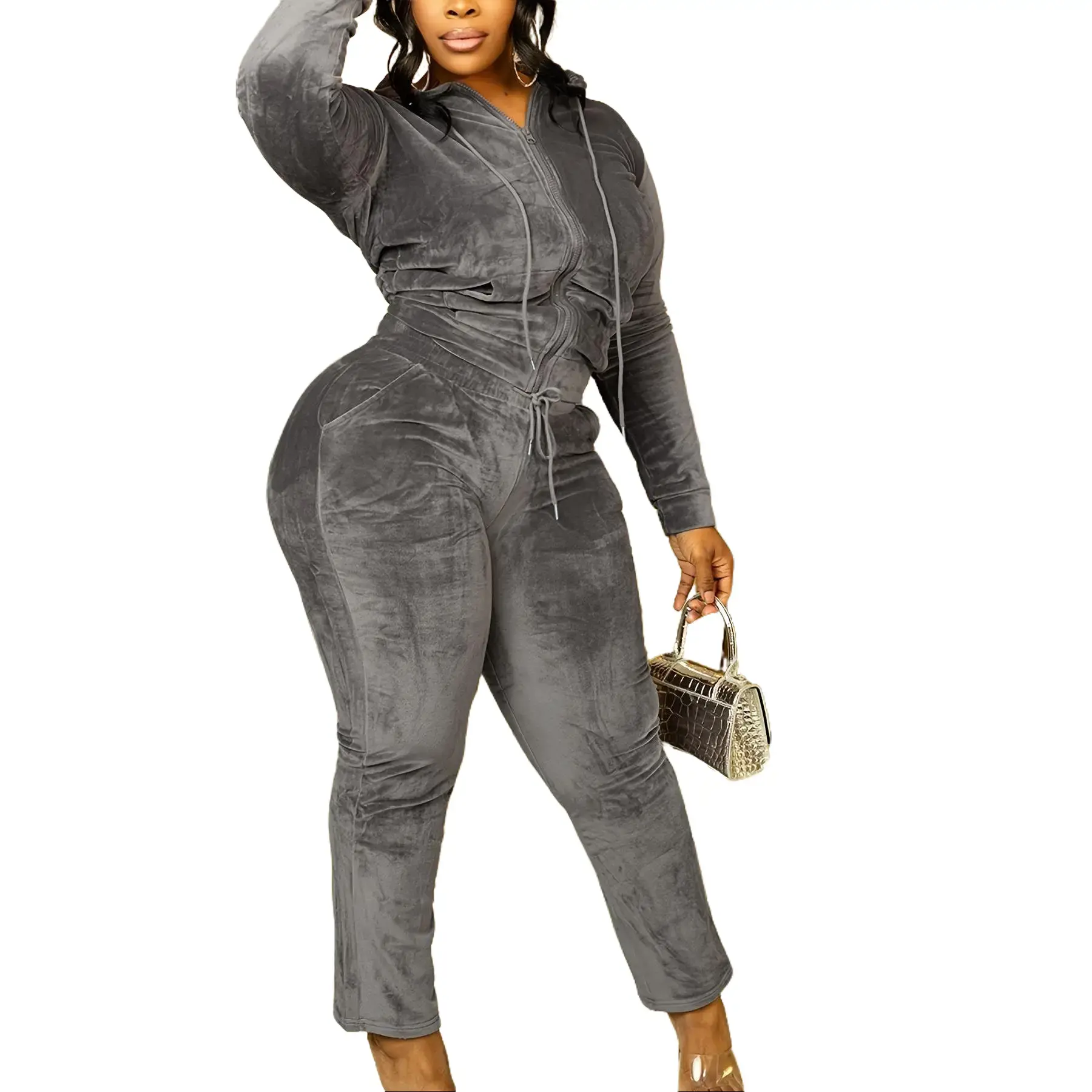 Women's 2-Piece Athleisure Street Fit Sportswear Set - Long Sleeve Zippered Hoodie & Joggers, Fall Winter Cozy Loose Lounge Tracksuit (Solid Colors)