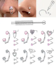316L Stainless Steel 18G/20G Horseshoe Nose Rings With Double Heart CZ, L-Shaped Nose Studs, Assorted Nose Rings For Women & Girls Nose Piercing