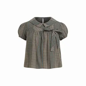 Cider 100% Cotton Peter Pan Collar Check Bowknot Oversized Blouse Curve & Plus