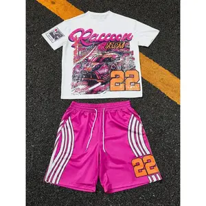 Men’s patterned letter-print crewneck short-sleeve slim-fit T-shirt set with drawstring-waist shorts, summer fashion, outdoor sports GARMENTARY