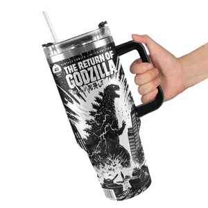 Godzilla Gojira Kaiju 40oz Stainless Steel Tumbler, Retro Cartoon Comic Monster Travel Cup with Handle
