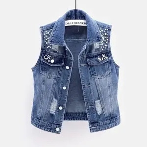 Women Denim Vest Luxury Pearls Fashion 2025 Spring Autumn Jeans Jacket Sleeveless Loose Short Coat Waistcoats Streetwear Female(Sheets)