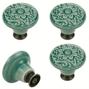 4 Pack Teal Green Floral Ceramic Cabinet Knobs – Vintage Decorative Drawer Pulls with Mounting Screws, 3D Embossed Flower Knobs for Kitchen Cabinets, Bathroom Vanities, Dressers, Wardrobes, Nightstands, Bookcases and Home Improvement Projects