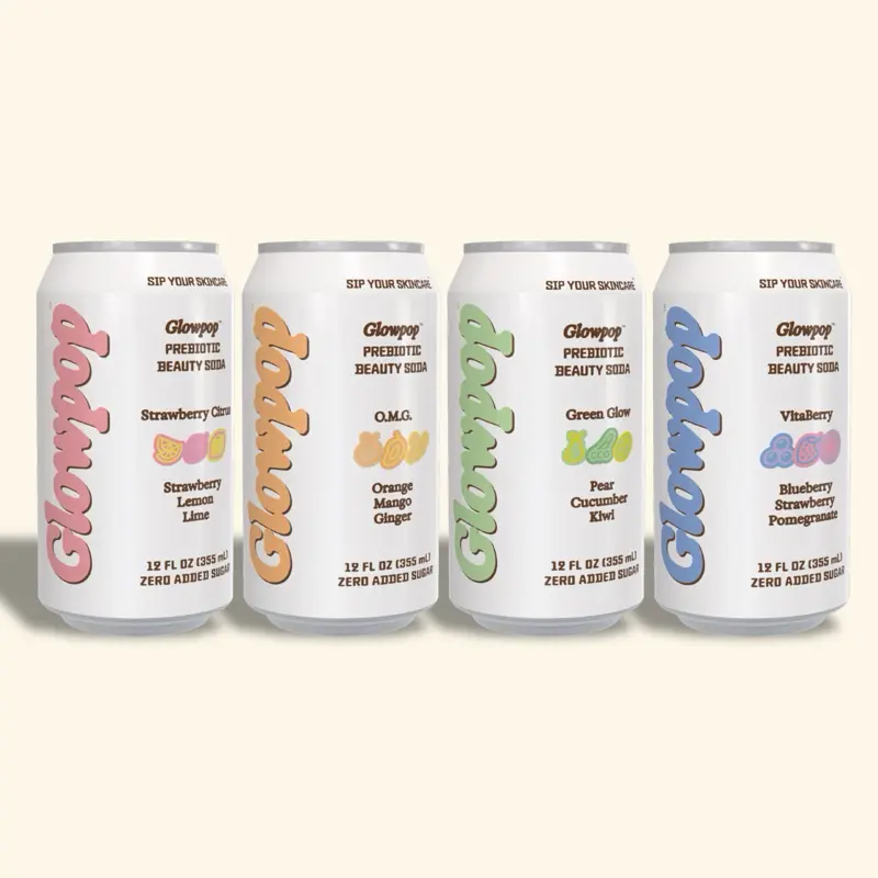 Core 4 Variety Pack - Glowpop Prebiotic Beauty Soda, Infused with Collagen-Building Peptides, Fiber, Prebiotics and Biotin, Zero Added Sugar, Vegan, Gluten Free, GMO Free, 12oz (12-Cans) Organic Fruit Beverage