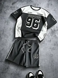 Men's Two-Piece Set, Colorblock Jersey and Shorts, Number 96 & Champion Print, Y2K Retro Style, Quick-Dry Mesh Fabric, Streetwear, Basketball, Summer