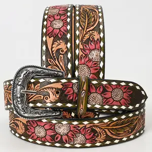 American Darling Beautifully Hand Tooled Green Genuine Leather Belt Men and Women Western with Removable Buckle
