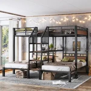 Bellemave  Metal Bunk Bed ,triple metal bunk bed with Storage shelves and storage stairs,Black