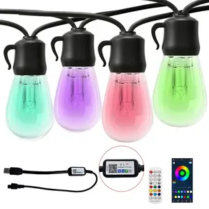 Intelligent RGBW waterproof outdoor LED string lights, 5V boost to 24V, high brightness, powered by power bank or phone charger, supports APP and remote control, music sync color change, suitable for patios, gardens, party deco, Smart RGBWW Lights