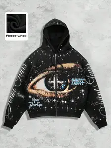 Men's Street Life Men's Eye Casual Minimalist Graphic Printed Galaxy Long Sleeve Zip Up Hooded Sweatshirt, Heavyweight Fleece Hoodie, Hoodies Streetwear, Fall Winter, Menswear