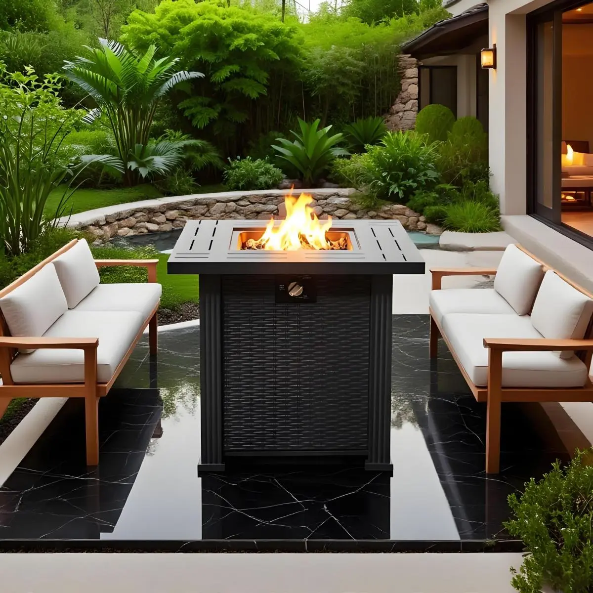 28" Propane Gas Fire Pit Table, 50000 BTU Square Steel Fire Pit for Outside Patio Deck Garden Backyard-Black
