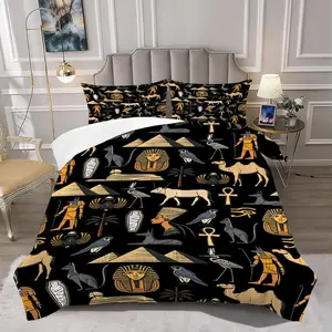 2/3Pcs Ancient Egyptian Icons Comforter Set, Seamless Patterned Bedding Set, Luxurious Warm Tan and Gold Tones, Perfect for Unique Bedroom Decor, Soft Black Background for Stylish Home Aesthetics 1 or 2 Pillowcase No Pillow Core