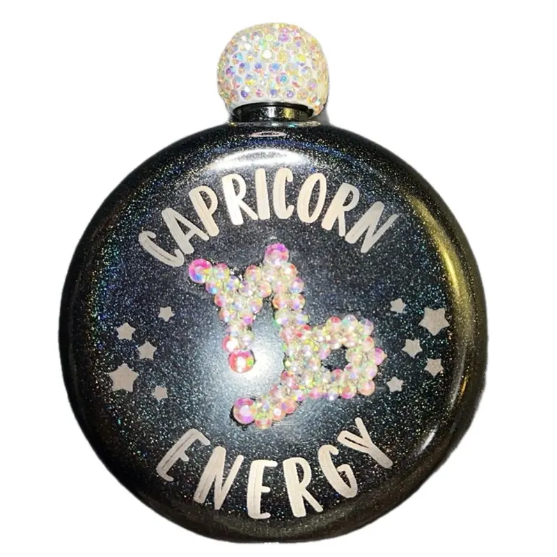Personalized Engraved Glitter Zodiac Flask - Stainless Steel Hip Flask with Lid, Drinkware for Bars and Homes