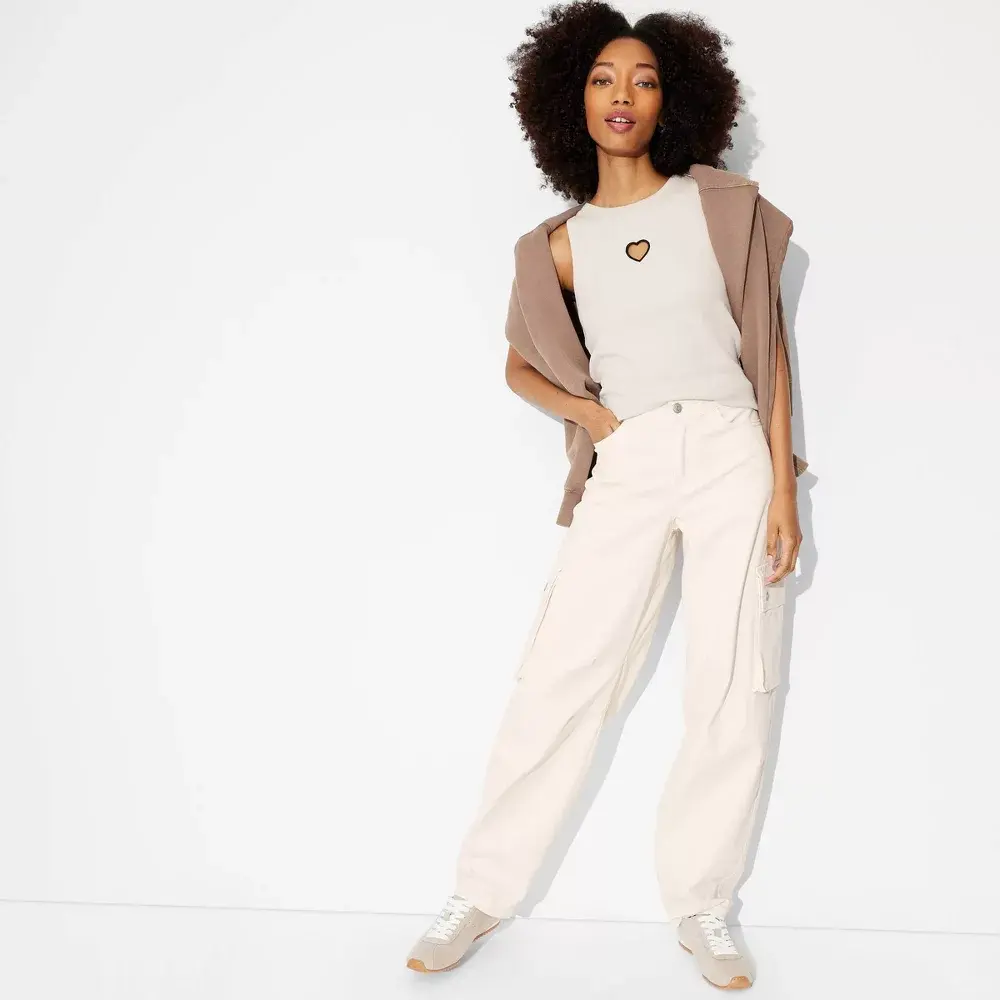 Women's Mid-Rise Barrel Cargo Pants, Woven Spandex Garment Bottoms with Relaxed Leg - Wild Fable