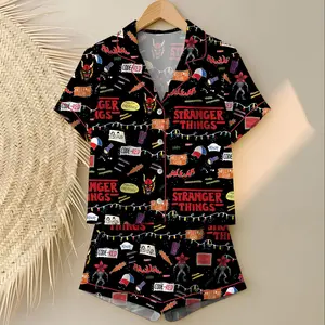 Stranger Things Sleepwear Set, Two-Piece Lapel Button Top and Shorts, Women's Casual Home Wear, Comfortable Party