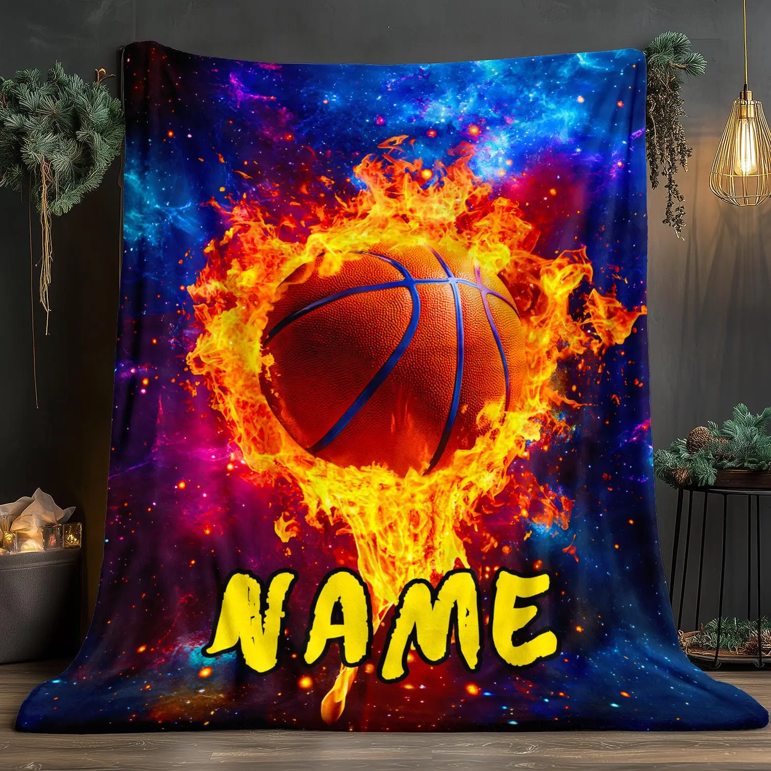 Customized Personalized Basketball Blanket - 100% Polyester Starry Sky Flame Design, Wrinkle Resistant Soft Flannel Throw (30x40in/43x56in) for Home, Sports Enthusiasts, Sofa, Bed