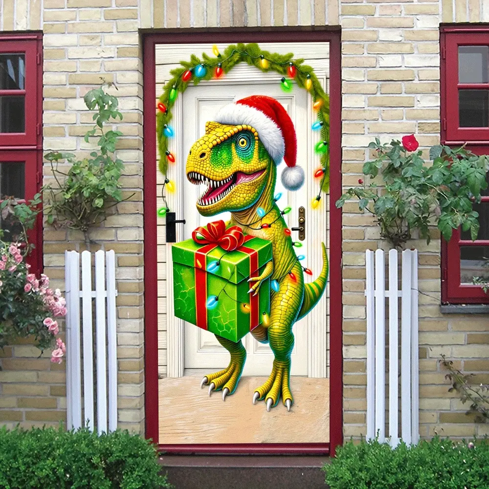2pcs   Christmas Dinosaur Door Sticker with Santa Hat and Gift Box Decorative Wall Decal for Home Xmas Party Supplies Festive Holiday Decoration Self Adhesive PVC Mural Art for Kids Room Living Roo