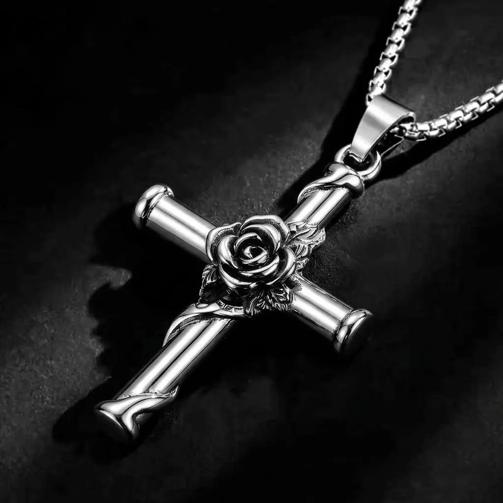 Unisex Gothic Stainless Steel Cross Necklace - Long Silver Chain Jewelry, Christian Anniversary Pendant for Men and Women