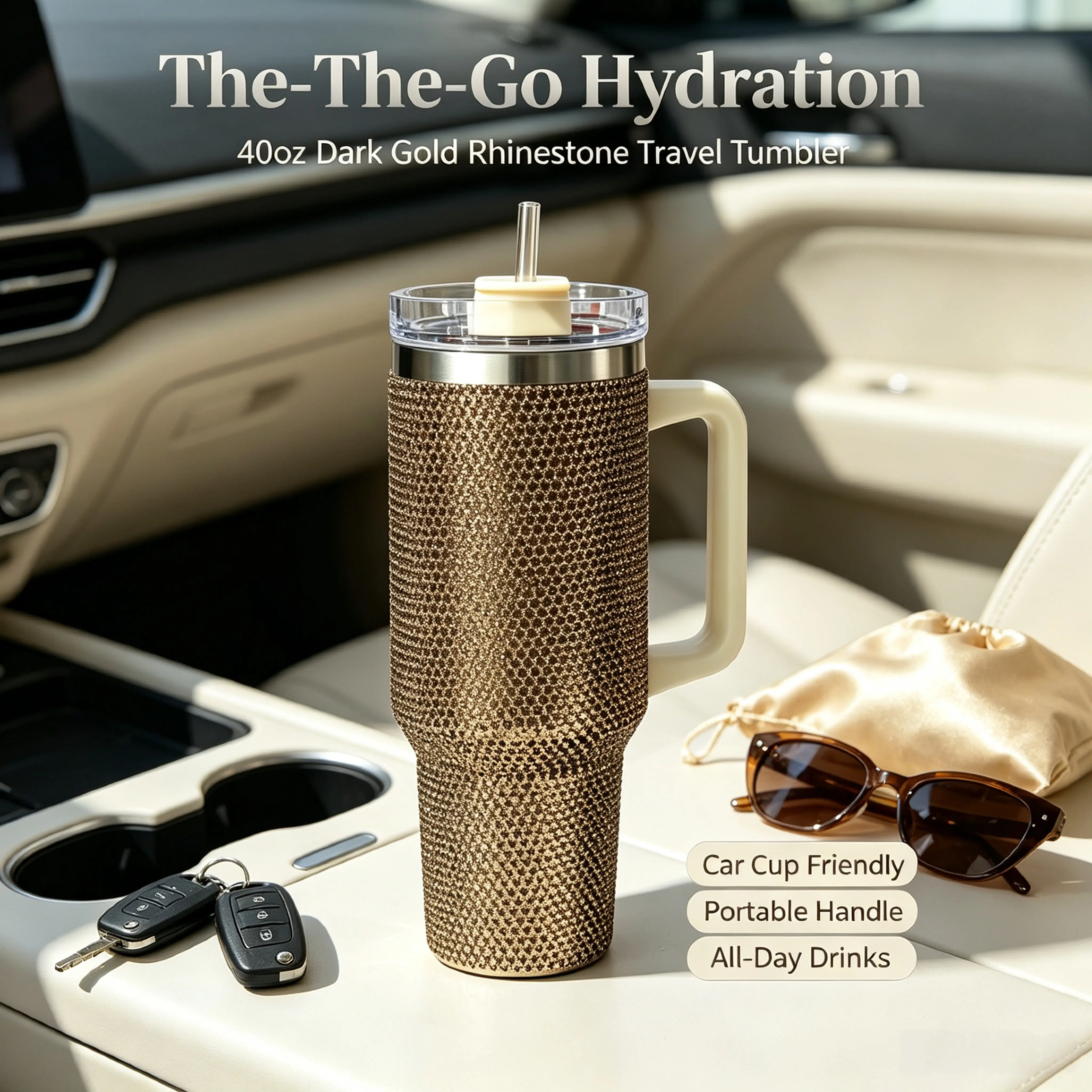 40oz (1,000-2,000ml) Dark Gold Sparkly Rhinestone Tumbler - Durable Stainless Steel Insulated Mug with Handle, Straw Lid, Leak-Proof, Car Cup Friendly, Portable All-Day Drinkware, Birthday Gifts for Women, Traveling