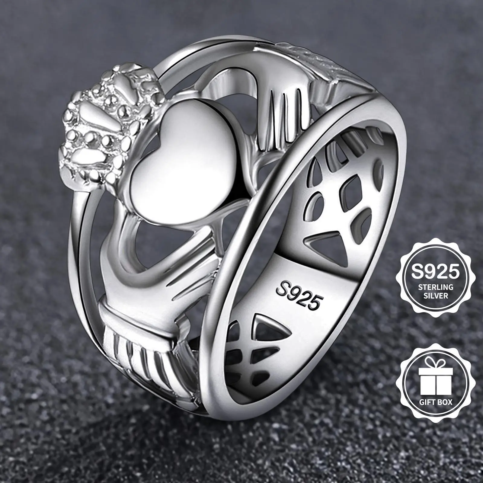 925 Sterling Silver Claddagh Celtic Knot Love Wedding Ring | Romantic Couple Jewelry | Gift Box Included Promise Ring, Wedding Engagement Ring summerwins,summerwins Elegant Everyday Ring Vintage Embossed Ring