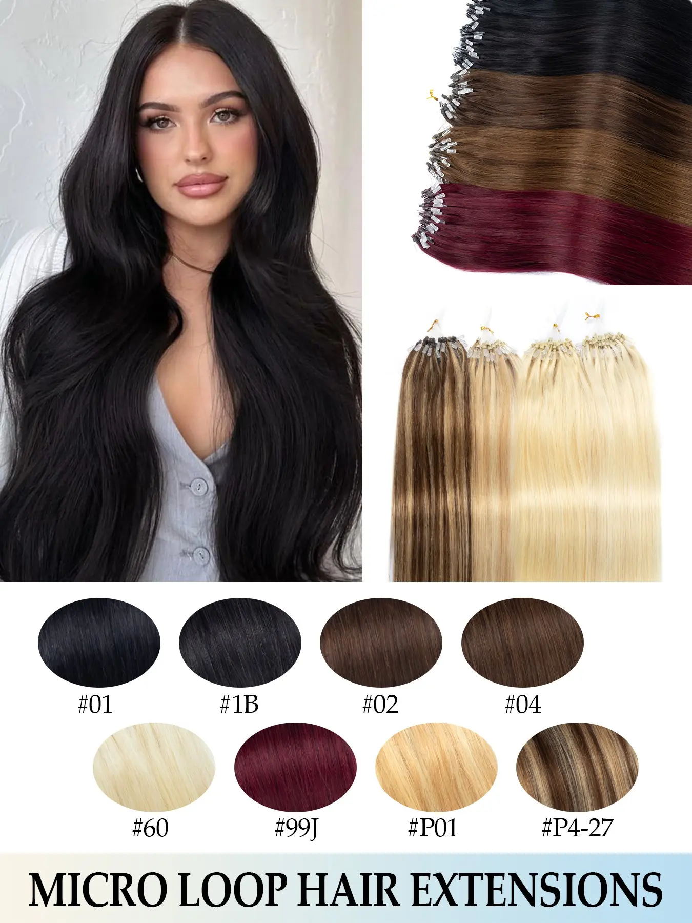 Micro Ring Hair Extensions Human Hair, Real hair extensions, made of silky straight Remy hair with thick ends, features invisible micro loop design, easy to apply even for beginners, no shedding, no tangle, ideal for adding natural length and volume