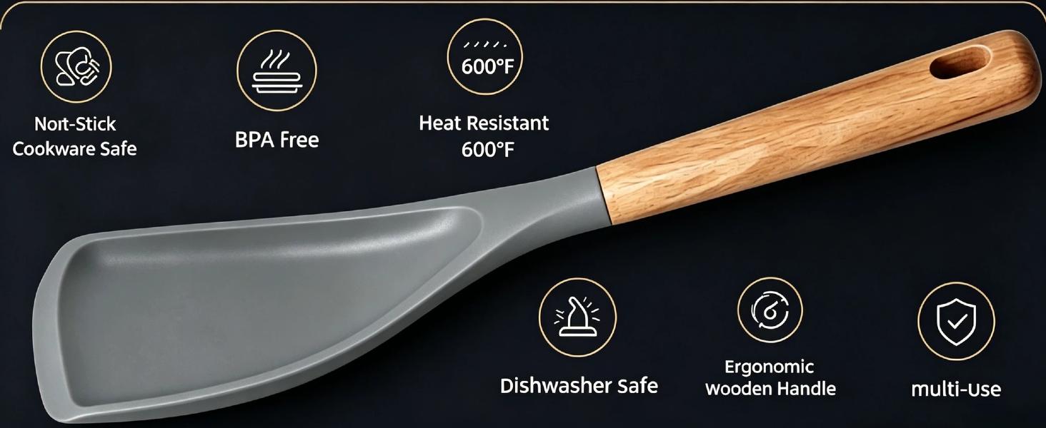 Cedar & Ash Spoonula, 3 in 1 Heat Resistant Silicone Spoon, Black | Multifunction Spatula for Stirring, Scooping & Serving with Wooden Handle Design, Kitchen Utensils Cooking Tools Set