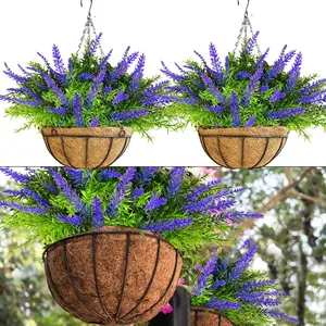 2 Pack UV Resistant Artificial Lavender Hanging Plants - Lifelike Faux Flower Baskets with Coconut Lining for Indoor Outdoor Home Porch Patio Decor