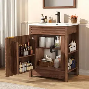 24 Inch/36 Inch Bathroom Vanity with Sink, Mid-Century Modern Bathroom Vanity with Storage Cabinet, Freestanding Bathroom Cabinet with Door Shelves and Faucet, Light Oak/Dark Oak