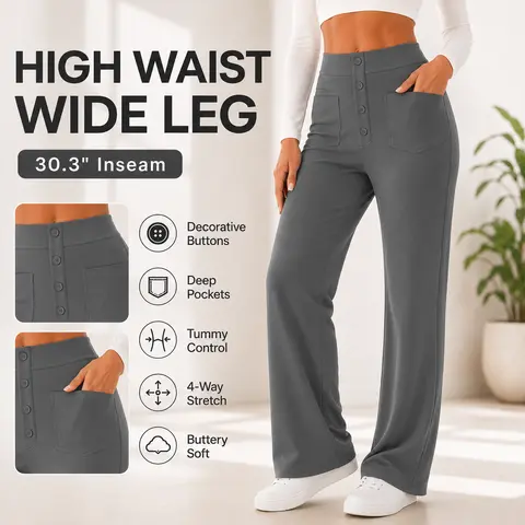 Avamo Women's High-Waisted Stretchy Straight Leg Pants - Button Closure, 4-Pocket Carry, Foldable Minimalist Workwear, Wear After Wear Business Casual for Halloween, Easter