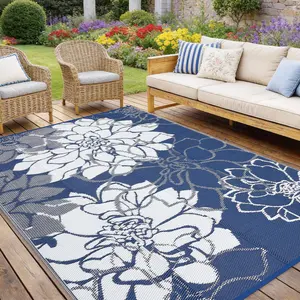 Navy Blue Outdoor Plastic Straw Rug 9x12 Waterproof Reversible Mat Floral Tropical Patio Rug with 4 Stakes and Starage Bag Portable Outdoor Area Rug for Camping Porch Deck Rv Balcony Backyard Beach