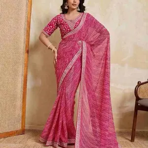 MODERN GEORGETTE LAHERIYA BANDHEJ PRINT WITH LACE BORDER WORK SAREE WITH UNSTITCHED BLOUSE Pink Elegant Design
