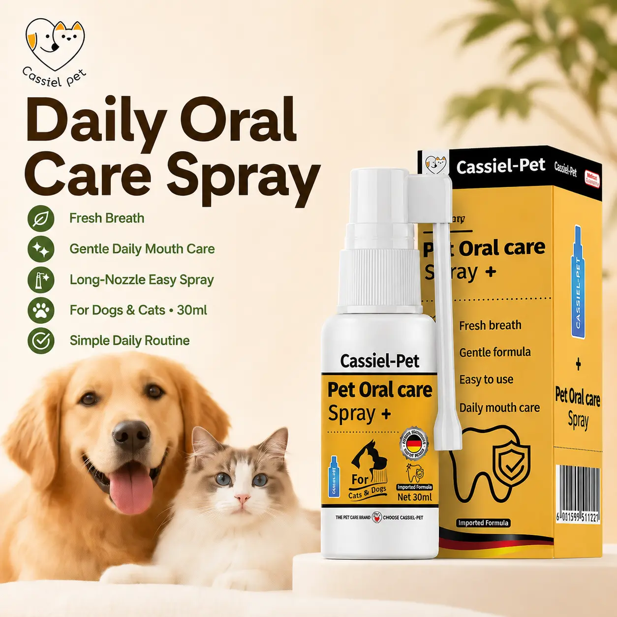 Cassiel Pet Oral Care Spray for Cats & Dogs, Daily Pet Mouth Care Spray, Gentle Oral Cleaning, Easy Home Pet Care Bottle, 30ml