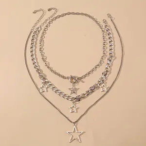 3pcs Y2K Punk Star Stainless Steel Necklace - Edgy Layering Chains Suitable for & Girls, Stackable Stainless Steel Necklaces for Daily Wear, Concerts, Festivals - Y2K Style Jewelry, for Teenager locket fashion gift idea spring cadena cubana stack dainty
