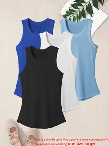 Women's Solid Ribbed Sports Tank Top, Breathable Sleeveless Tight Sport Vests Gym Tops for Yoga Gym Workout, Ladies Sportswear for All Seasons