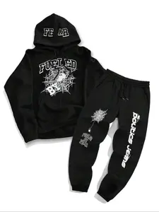Men's Unique Letter Spider Print Hoodie Set, Comfortable Street Fashion, Casual Fall & Winter Wear, Modern Urban Design