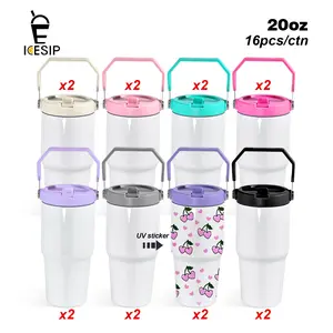 ICESIP 20oz 16pcs sublimation Blank Tumbler with Handle and Flip Straw,Stainless Steel Vacuum Insulated Water Bottle Travel Mug Thermal Cup for Home, Office, Car, Outdoors, Sports