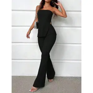 Two-Piece Set Women's Solid Split Hem Strapless Tube Top & High Waist Pants Set, Elegant Fashion Casual Two Piece Outfits for Daily Outdoor Wear, Ladies Clothes for Summer