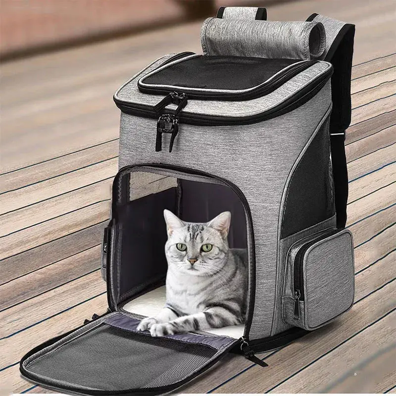 Nylon Expandable Pet Carrier Backpack - Zipper-Closure, Double Strap Bag with Ventilation System, Foldable All-Seasons Travel Carrier for Cats & Dogs