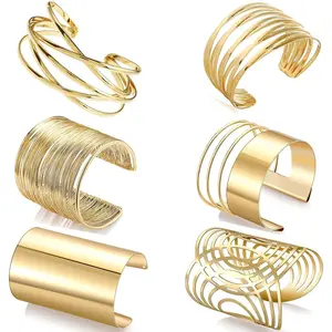 Modela 6 PCS Cuff Bangle Bracelet Set for Women Open Wide Wire Bracelets Gold Wrist Cuff Wrap Bracelet Elegant Fashion Jewelry