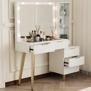 Large Size Vanity Desk - Makeup Vanity Desk with White Fluted LED Lights, Mirror, Glass Top, 5 Drawers, Storage Cabinet, Metal Legs, Quick Setup for Bedroom