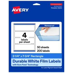 Avery Durable Waterproof Rectangle Labels with Sure Feed, 2.25" x 7.75"