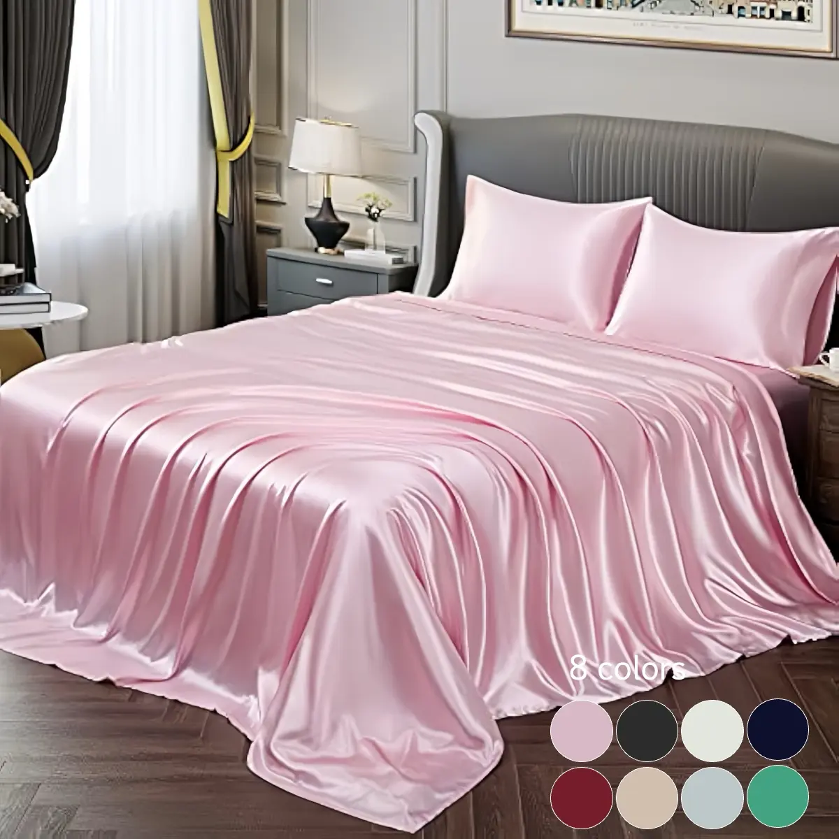 4 Counts Solid Color Satin Bedding Set, Bedsheet, Bedroom Bed Sheets Includes 1 Flat Sheet, 1 Fitted Sheet, 2 Pillowcase without Filler, Room Accessories, Twin, Queen, King, Soft Breathable Sheet