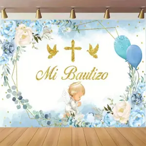 1pc 2D Flat Elegant Blue & Golden Christening Angel & Floral Design - Baptism Celebrations, Portrait Photography, Decorations, Baptism Backdrop |   Serene Angel Illustration |