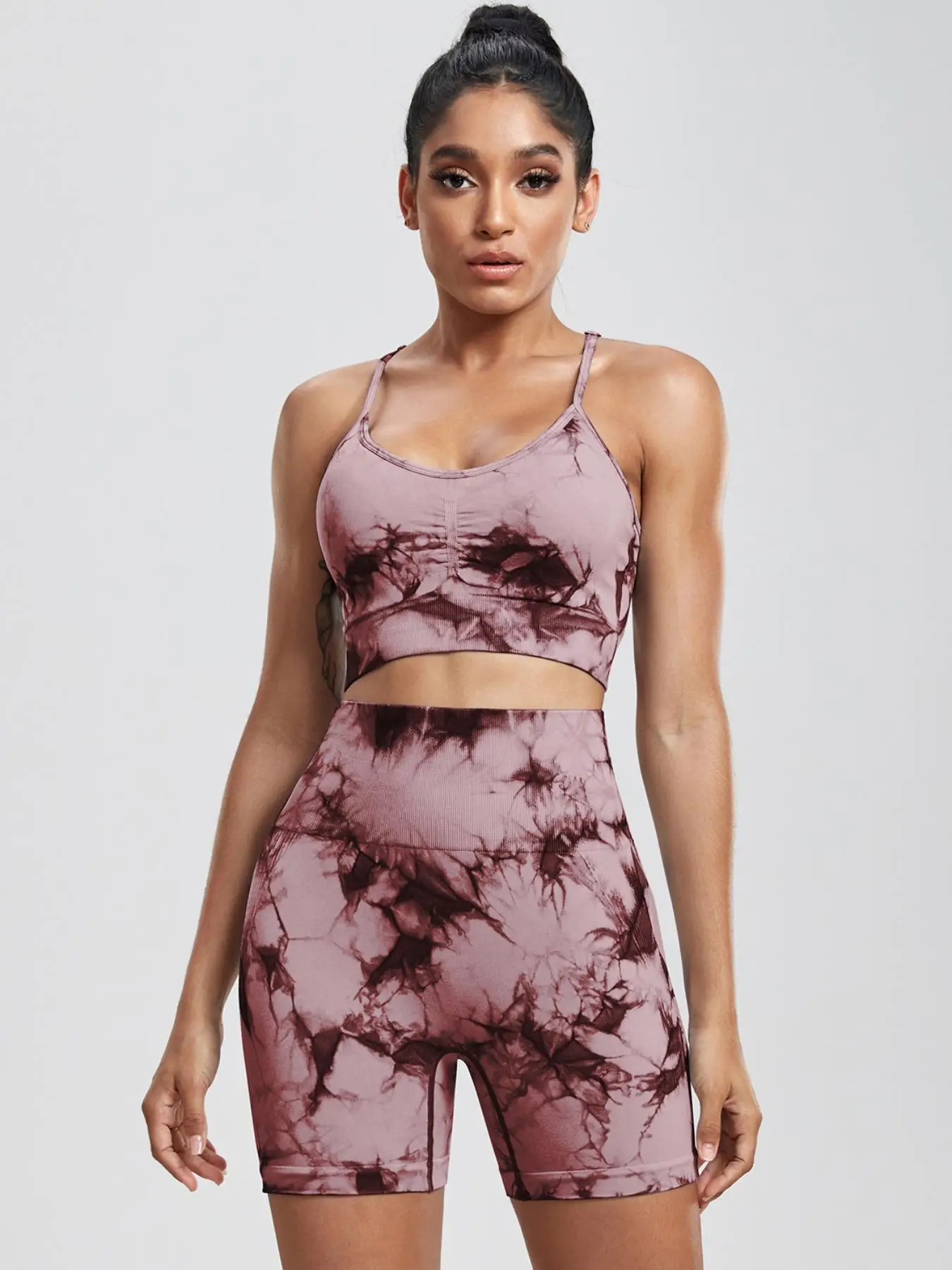 2 Counts Women's Tie Dye Print Two-piece Set, Sleeveless Padded Crop Top & High Stretch Short Leggings, Sportswear Outfits, Summer Clothing Set for Wo