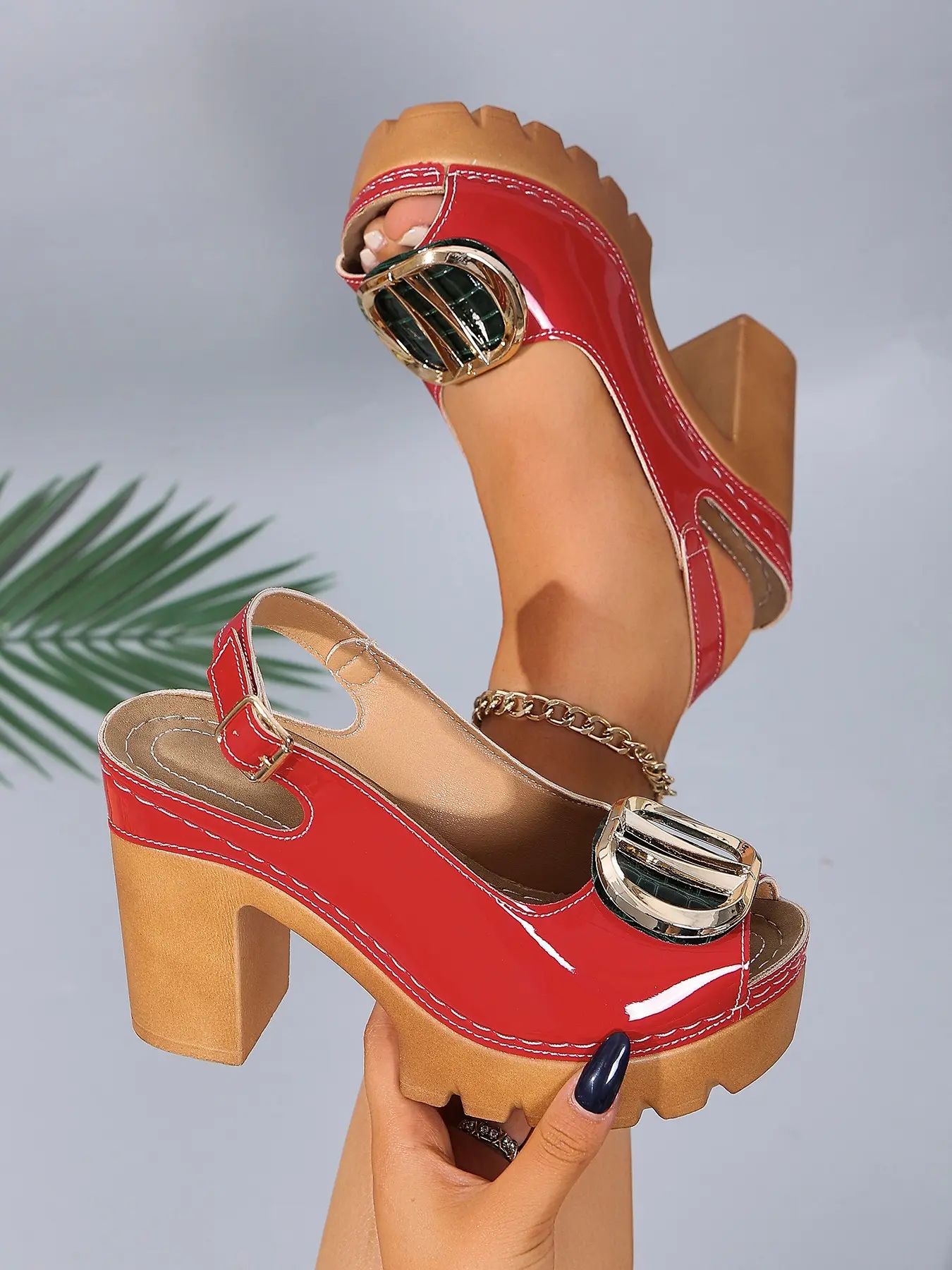 Summer high-heeled fashionable women's sandals, PU glossy Velcro design, open toed breathable adjustable strap sandals, lightweight and comfortable daily shoes