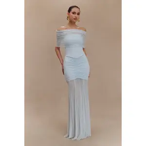 Caspian Slinky And Mesh Off Shoulder Maxi Dress - Pale Blue